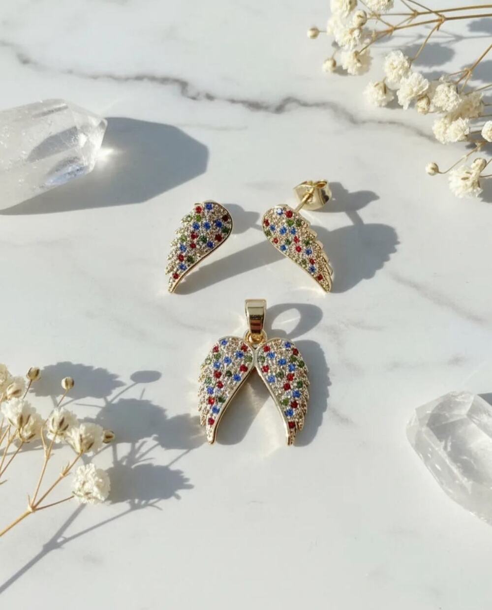 Golden Time Gold-Plated Angel Wing Jewelry Set Featuring Inlaid Colorful Stones